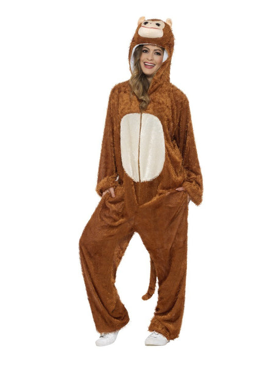 Monkey Costume Adult Brown Jumpsuit with Hood Monkey Face and Ears 2