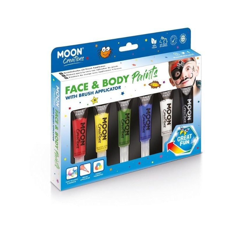 Moon Creations Face and Body Paint Set 6 Primary Colours with Brush Applicator 1