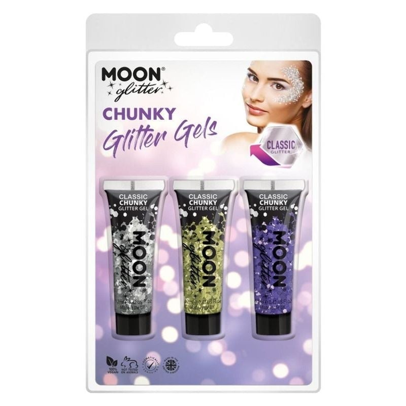 Moon Glitter Classic Chunky Gel Clamshell, 12ml. 3 Colour Set Costume Make Up 2
