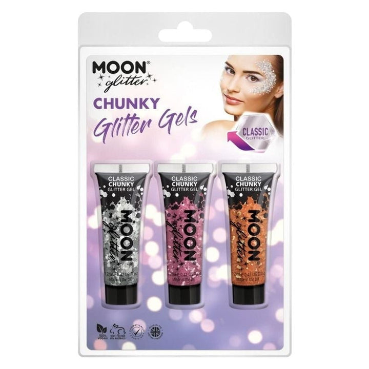 Size Chart Moon Glitter Classic Chunky Gel Clamshell, 12ml. 3 Colour Set Costume Make Up