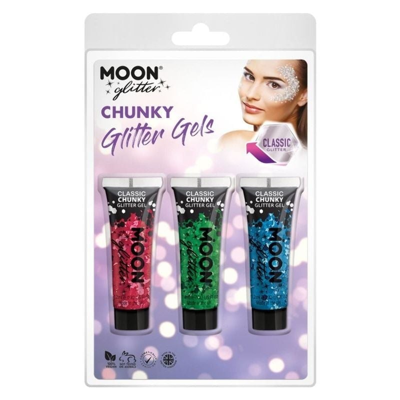 Moon Glitter Classic Chunky Gel Clamshell, 12ml. 3 Colour Set Costume Make Up 1