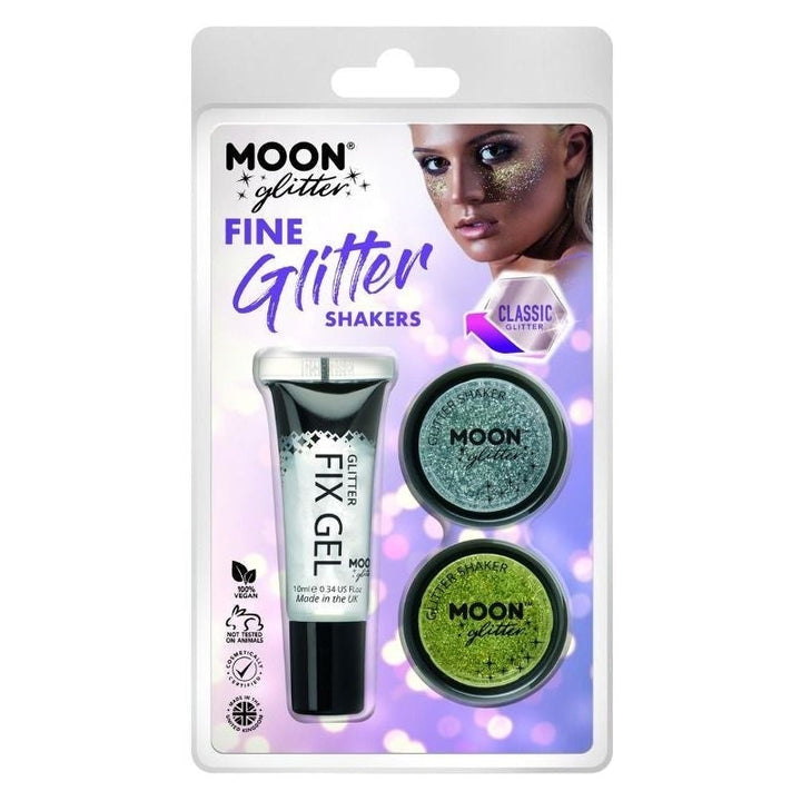 Size Chart Moon Glitter Classic Fine Shakers Clamshell, 5g - Fix Gel. 3 Colour Set Costume Make Up