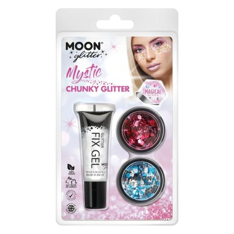Size Chart Moon Glitter Mystic Chunky Mixed Colours Clamshell, 3g - Fix Gel Set of Two Costume Make Up