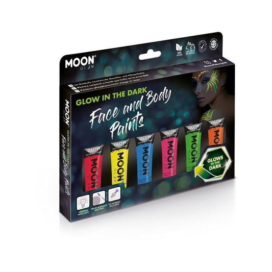 Moon Glow In The Dark Face Paint 6 Piece Pack 12ml Assorted Costume Make Up 1
