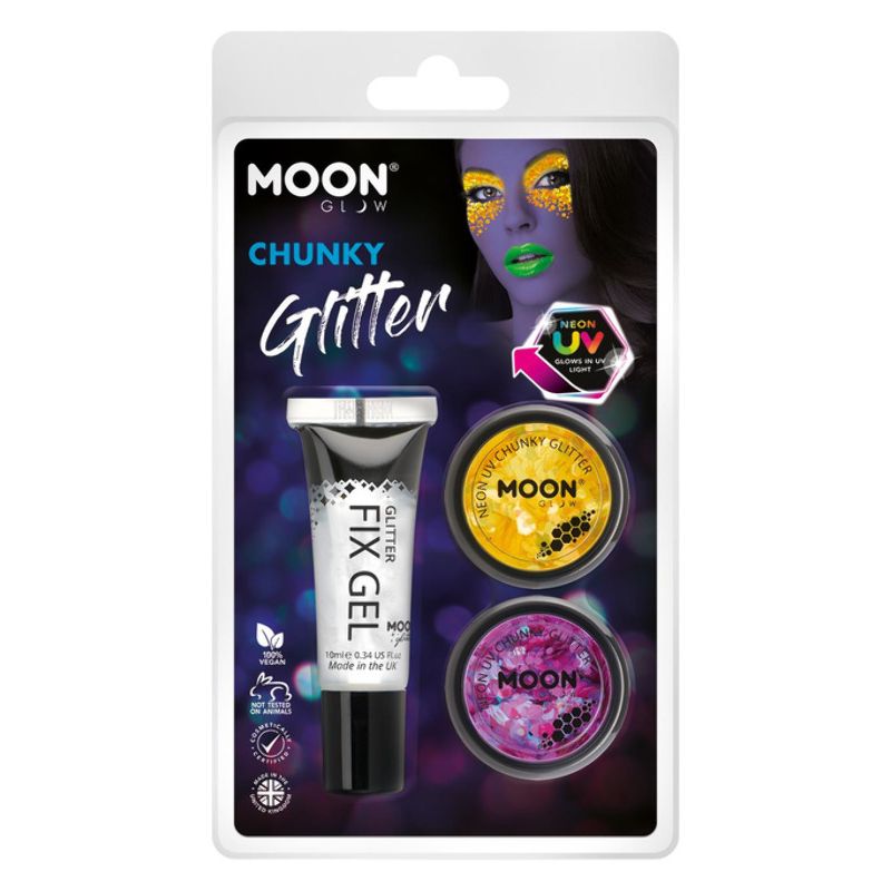Moon Glow Neon UV Chunky Glitter 2 Colour 3g with Fix Gel Costume Make Up Set 1