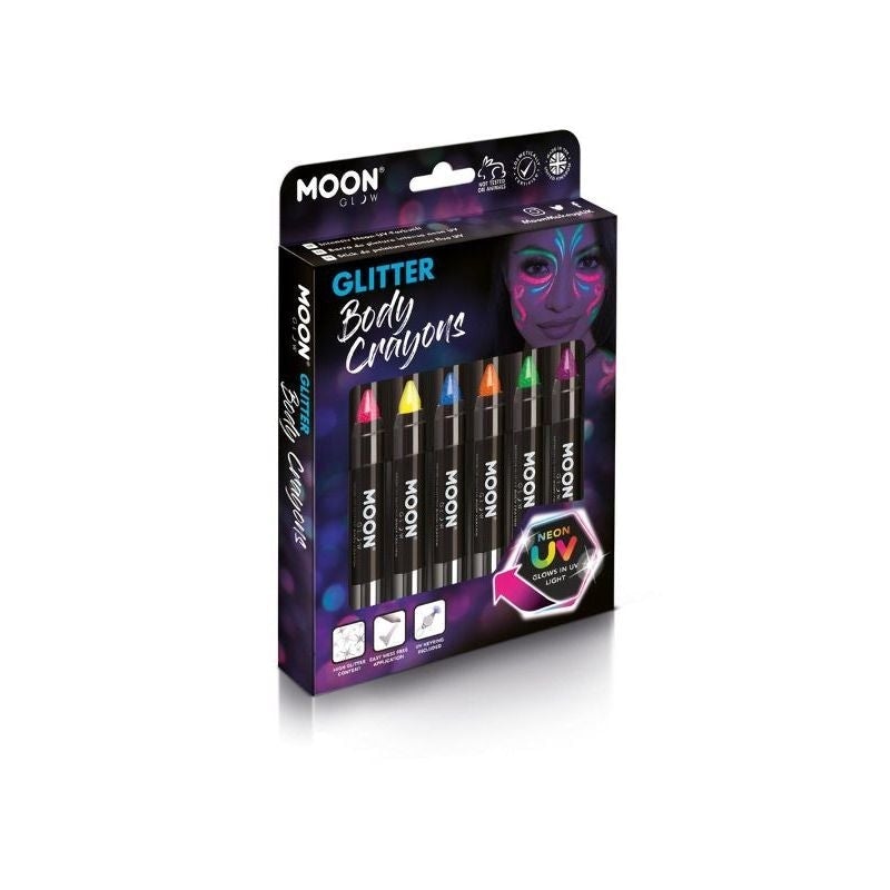 Moon Glow Neon UV Glitter Body Crayons 6 Assorted Colours Set 3.5g Costume Make Up 1