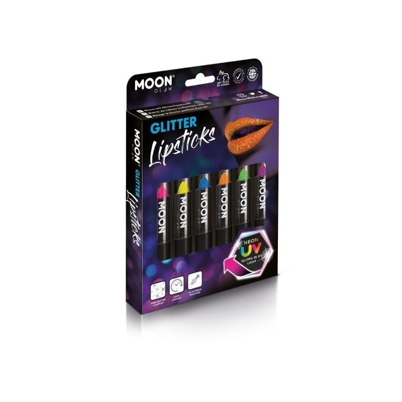 Moon Glow Neon UV Glitter Lipstick Set 6 Assorted Colours 5g Costume Make Up 1