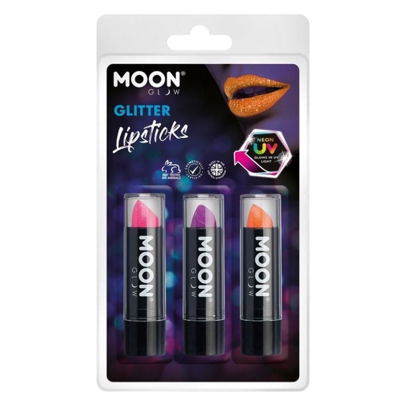 Moon Glow Neon UV Glitter Lipstick 3 5gm Colours Clamshell Costume Make Up 1