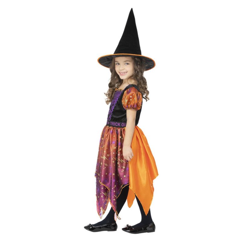 Moon and Stars Witch Costume Childs Black and Orange Dress with Purple Highlights and Matching Hat 2