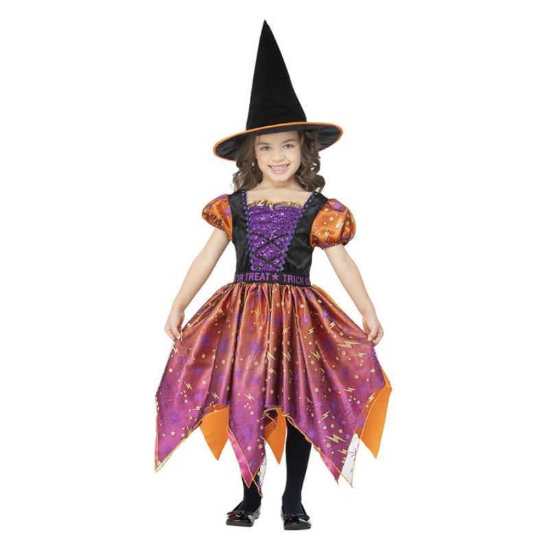 Moon and Stars Witch Costume Childs Black and Orange Dress with Purple Highlights and Matching Hat 1