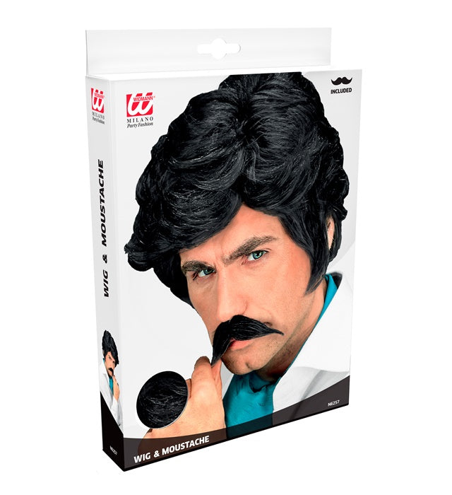 Playboy Wig With Moustache Black - In Box