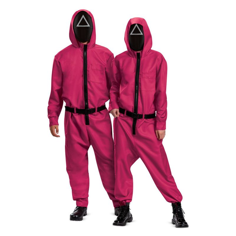 Netflix Squid Game Triangle Guard Costume Adult Pink Jumpsuit Black Belt and Mask 1