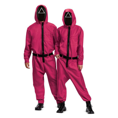 Netflix Squid Game Triangle Guard Costume Adult Pink Jumpsuit Black Belt and Mask 1