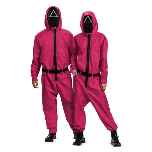Netflix Squid Game Triangle Guard Costume Adult Pink Jumpsuit Black Belt and Mask 1