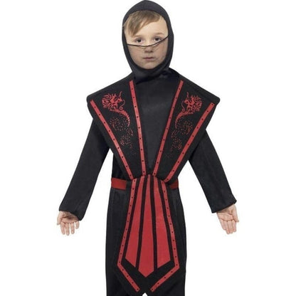 Ninja Costume Kids Black Red Jumpsuit with Hood Overpiece Belt and Bands 3