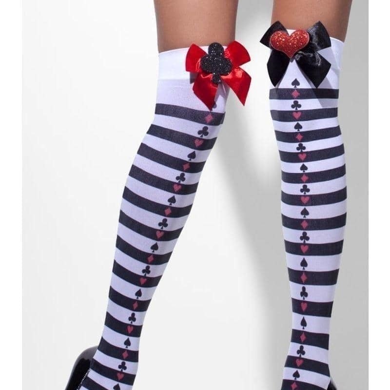 Opaque Hold Ups Black White Striped with Bows Adult 1