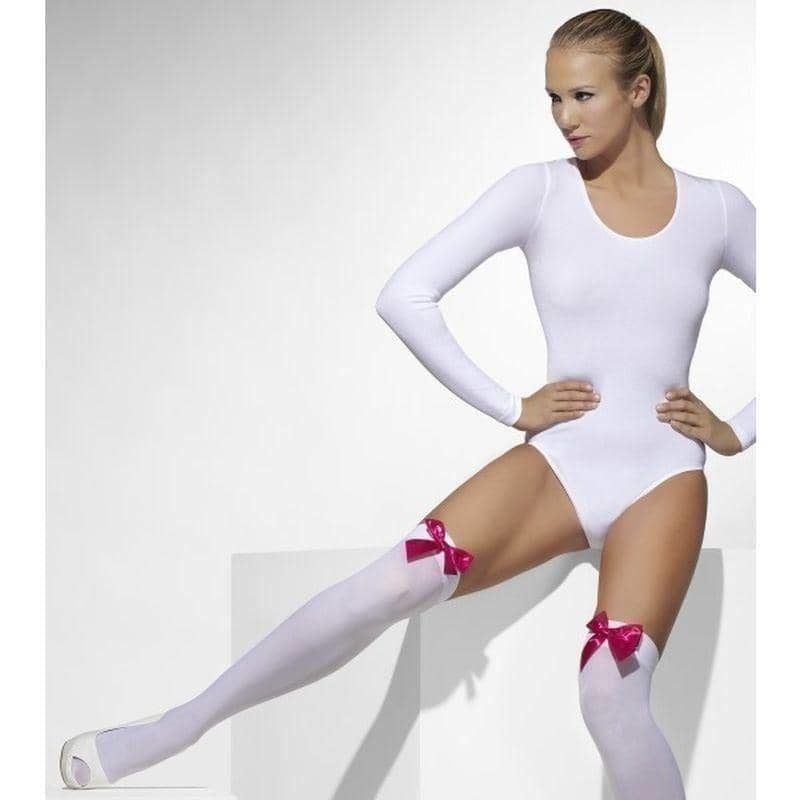 Opaque Hold Ups White with Fuchsia Bows Adult Costume Accessory 1