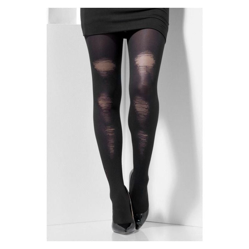 Black Opaque Tights with Distressed Detail Halloween Costume Accessory 1