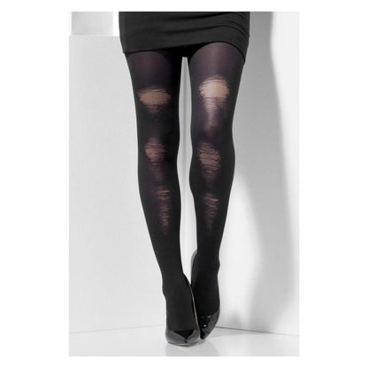 Black Opaque Tights with Distressed Detail Halloween Costume Accessory 1