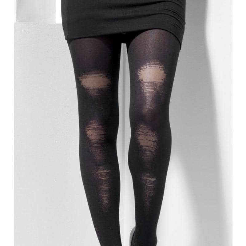Black Opaque Tights with Distressed Detail Halloween Costume Accessory 2