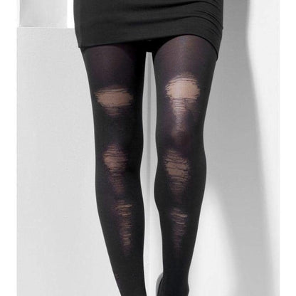 Black Opaque Tights with Distressed Detail Halloween Costume Accessory 2