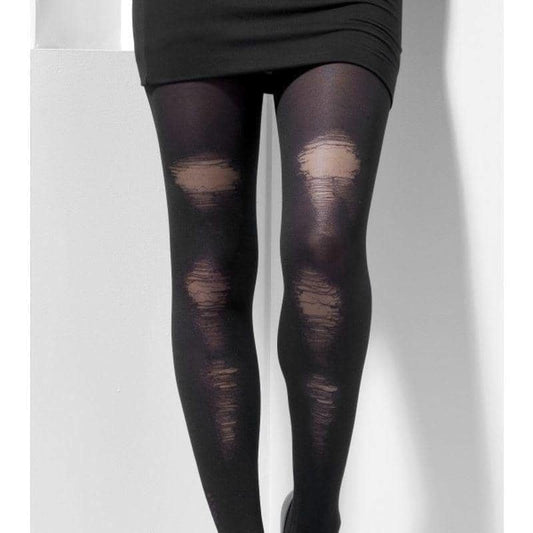 Black Opaque Tights with Distressed Detail Halloween Costume Accessory 2
