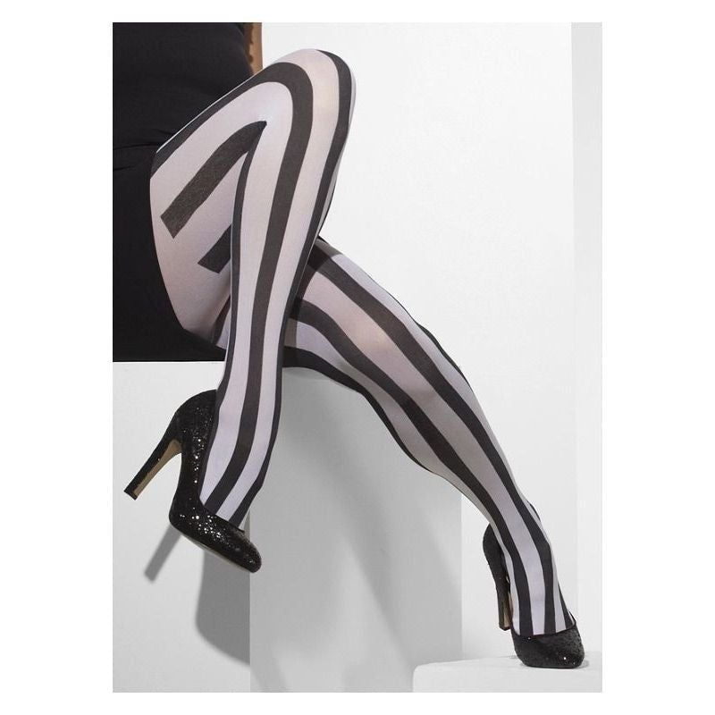 Opaque Tights Adult Black White Vertical Striped Costume Accessory 1