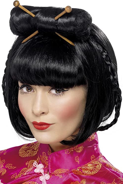 Oriental Lady Black Wig  Mid Length Hair With Bun and Chopsticks 1