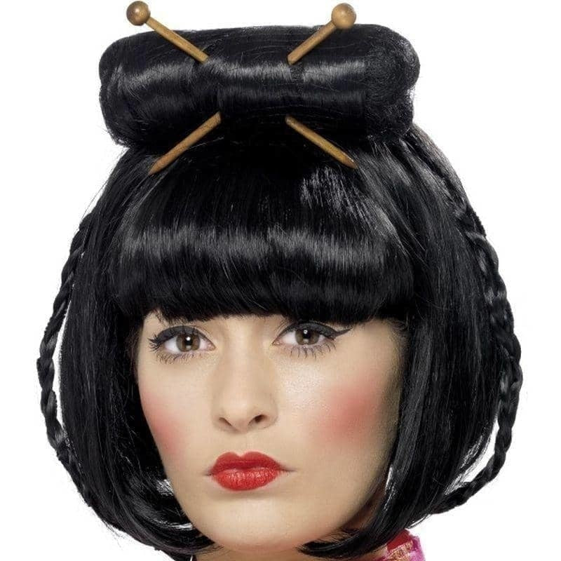Oriental Lady Black Wig  Mid Length Hair With Bun and Chopsticks 2