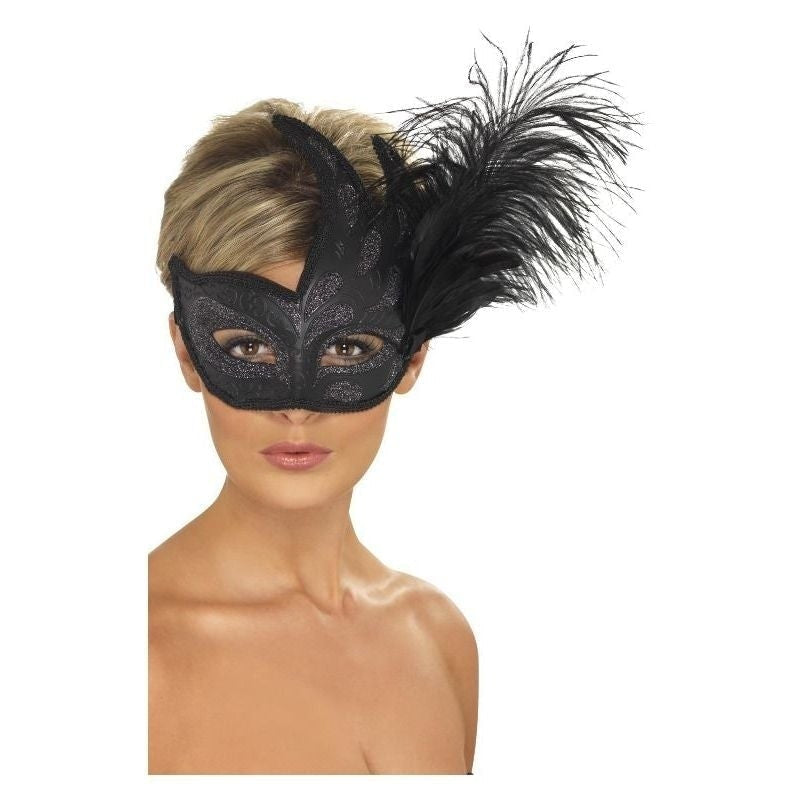 Ornate Colombina Feather Mask Adult Black Costume Accessory 2