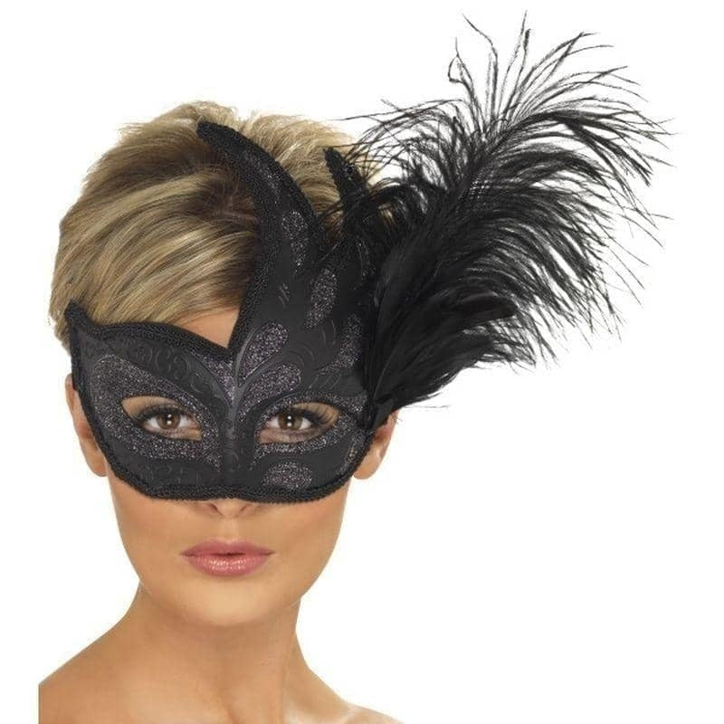 Ornate Colombina Feather Mask Adult Black Costume Accessory 1