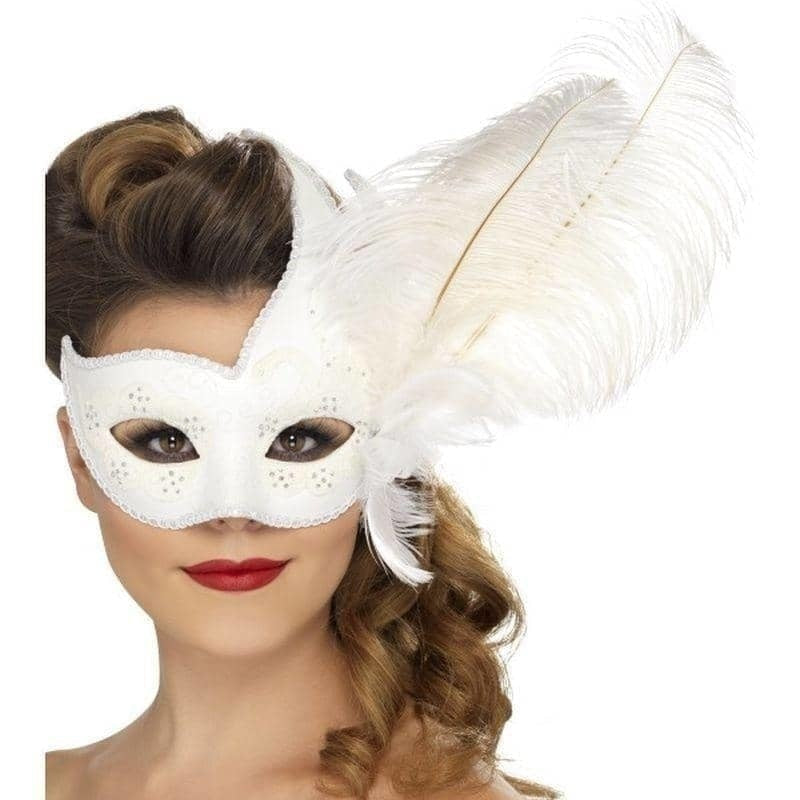 Ornate Columbina Eyemask White with Feather Adult Costume Accessory 2