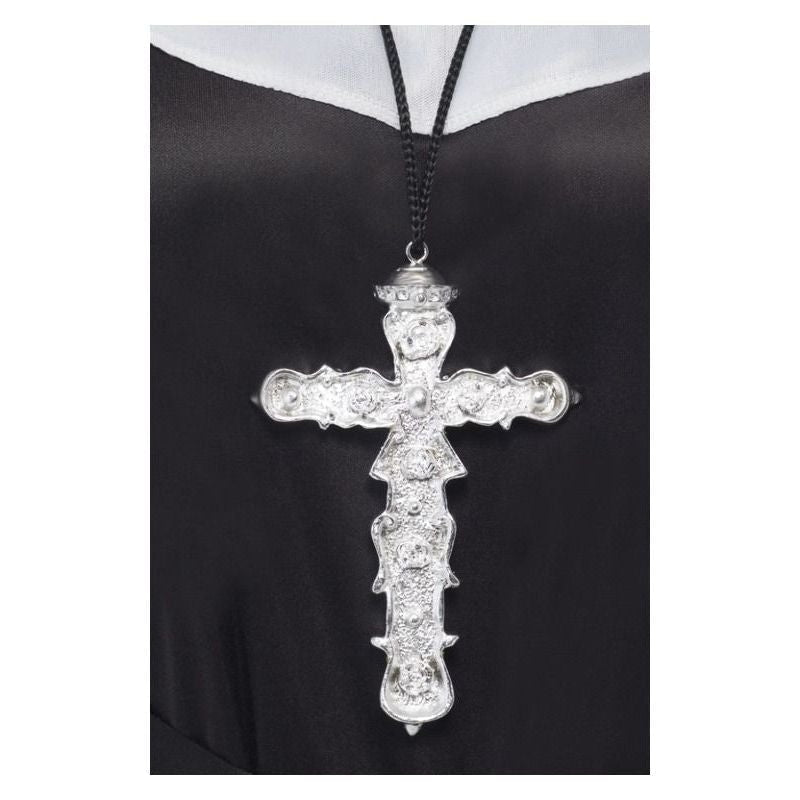 Ornate Cross Pendant Silver Coloured Black Cord Adult Religious Costume Accessory 1