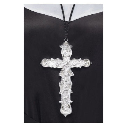 Ornate Cross Pendant Silver Coloured Black Cord Adult Religious Costume Accessory 1