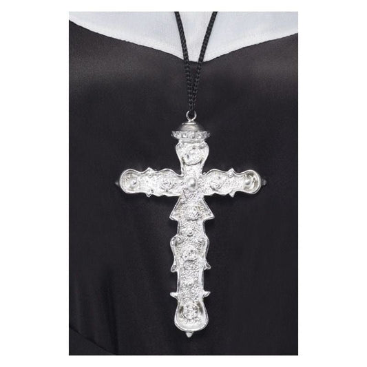 Ornate Cross Pendant Silver Coloured Black Cord Adult Religious Costume Accessory 1