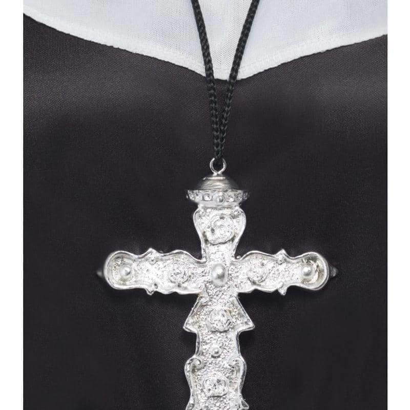 Ornate Cross Pendant Silver Coloured Black Cord Adult Religious Costume Accessory 2