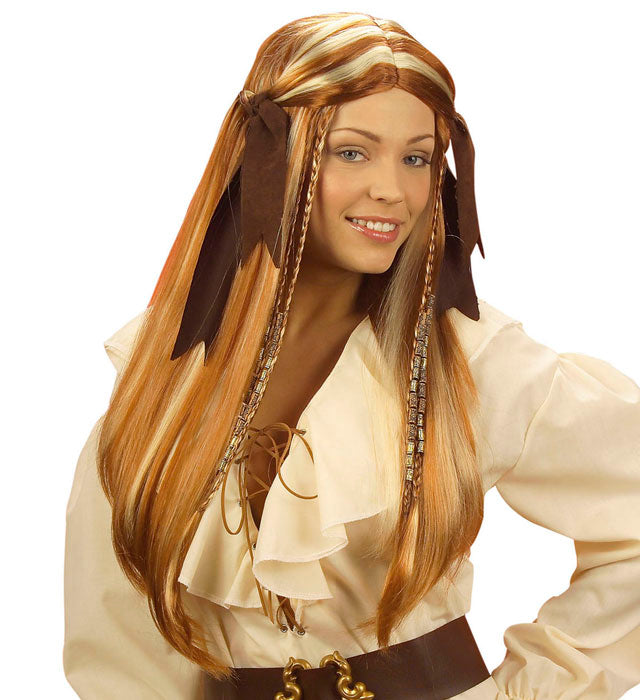 Caribbean Pirate Wench Wig With Suedette Ribbons In Box