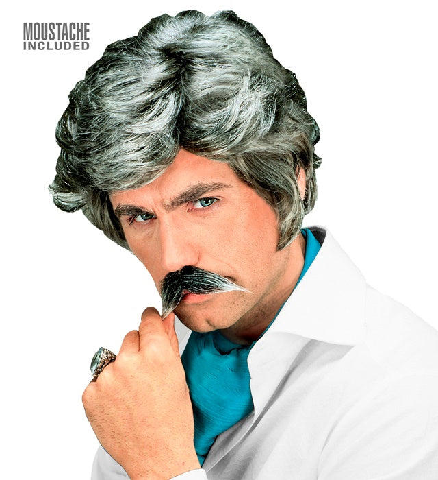 Playboy Wig With Moustache Grey- In Box