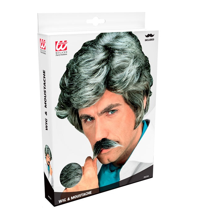 Playboy Wig With Moustache Grey- In Box