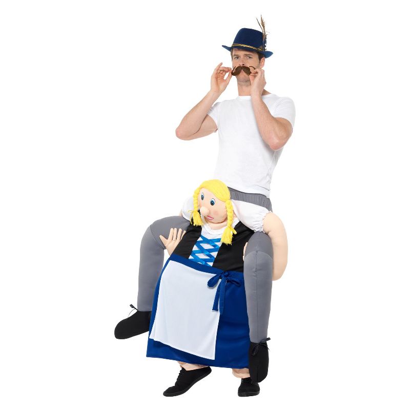 Piggyback Bavarian Beer Maiden Costume Blue Adult One Piece Suit Mock Legs 3