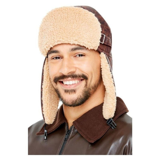 Pilot Flying Hat Brown Imitation Fur Traditional Ear Flaps Adult Costume Accessory 1