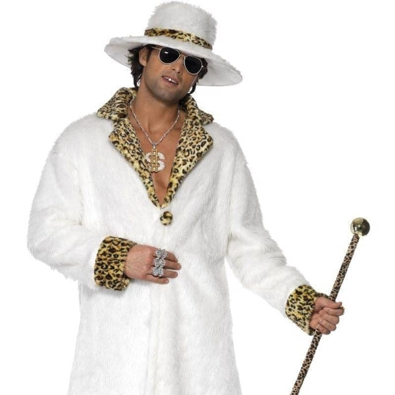 Pimp Costume Adult White Aand Leopard Skin Faux Fur Coat Hat Trousers_1