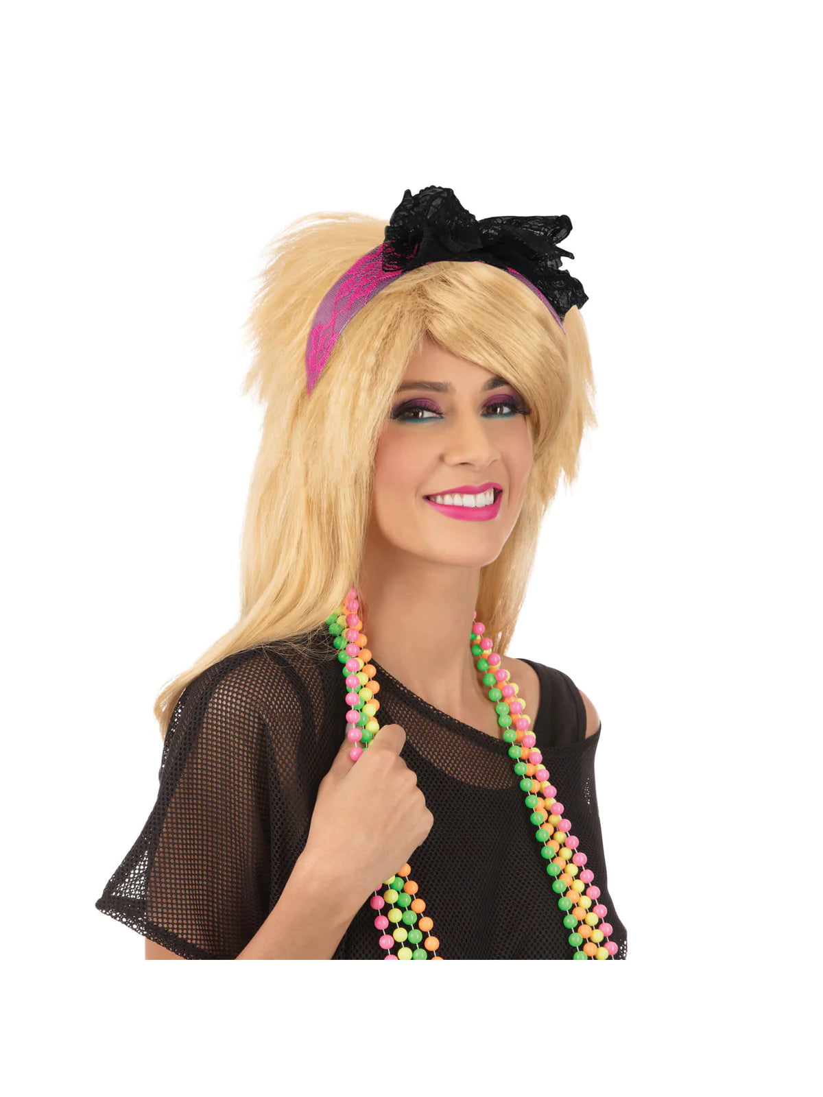 Pink 80s Neon Lace Headband Costume Accessory 2
