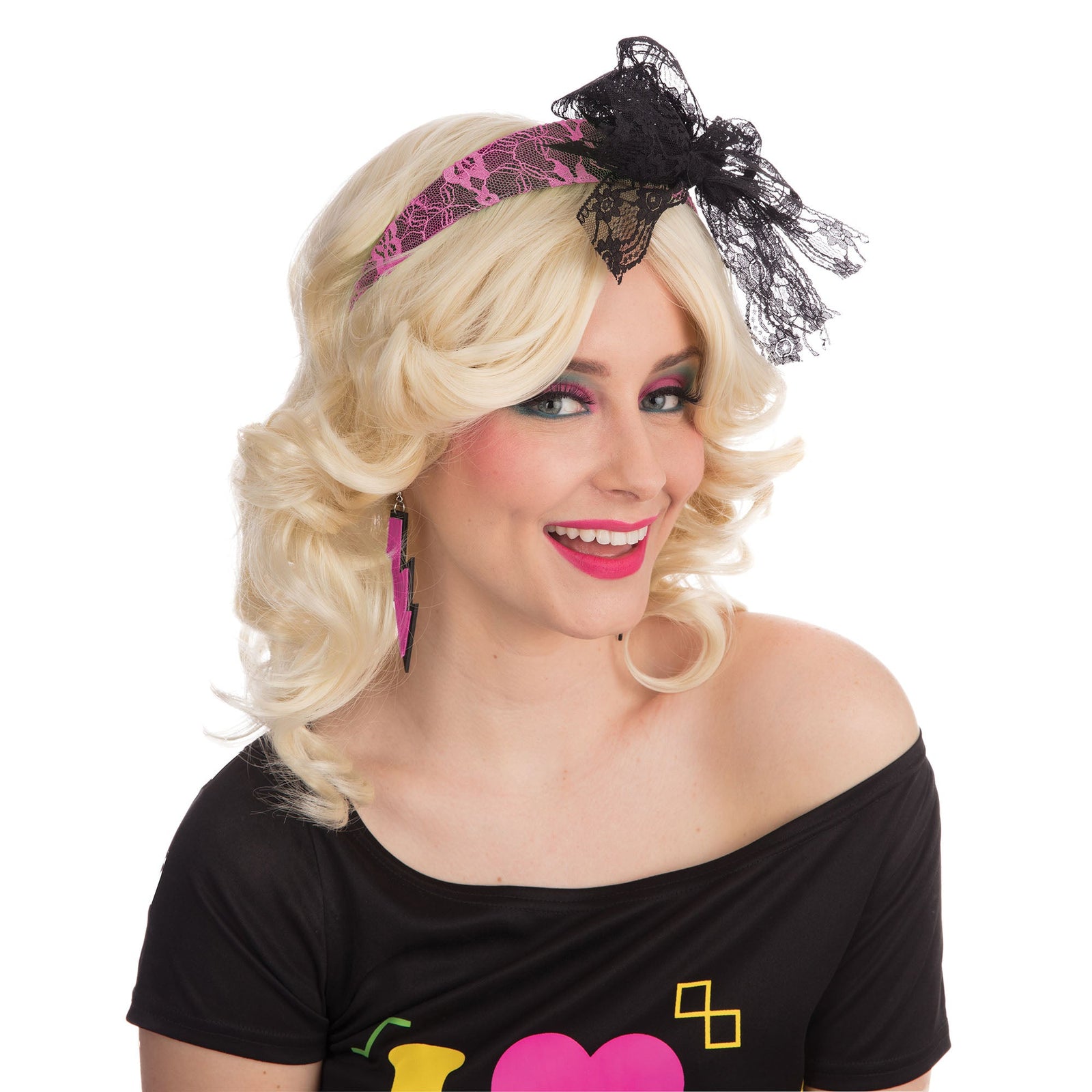 Pink 80s Neon Lace Headband Costume Accessory 1