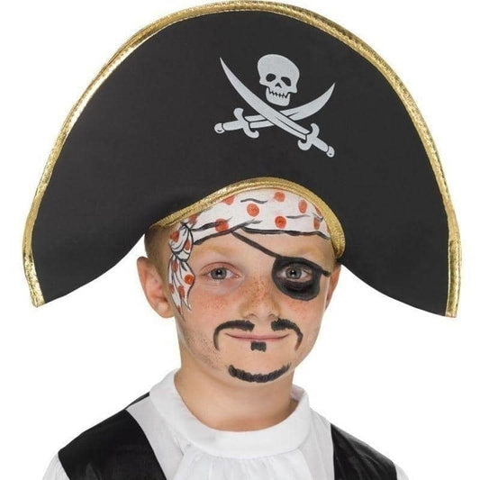 Pirate Captain Hat Black Skull and Crossbones Motif Kids Costume Accessory 1