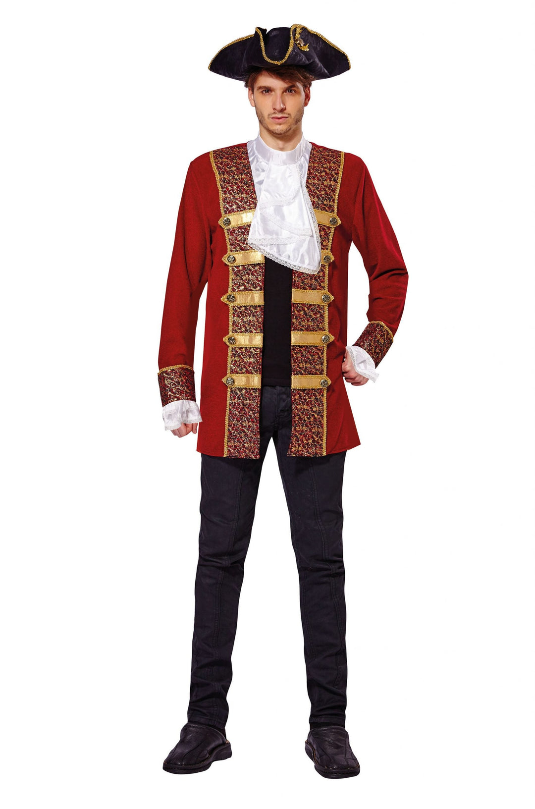 Pirate Coat Red With Attached Cuffs Jabot Adult Costume Chest Size 44"_1