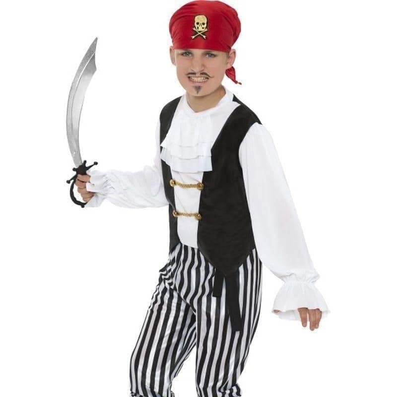 Pirate Costume Kids Black White Red Shirt Waistcoat Trousers Belt Headscarf Boot Covers 1
