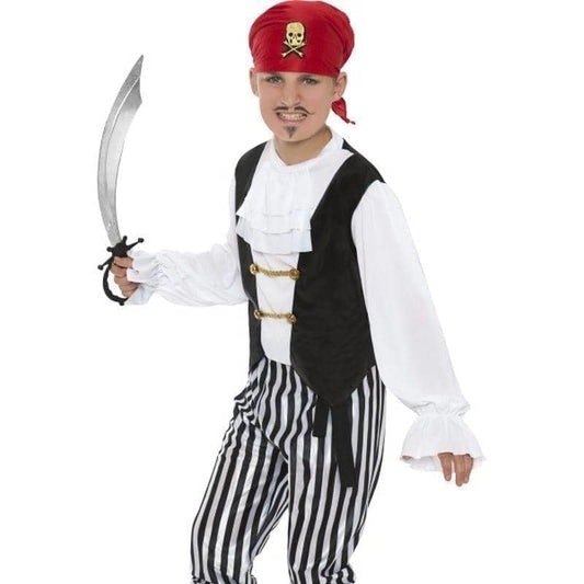 Pirate Costume Kids Black White Red Shirt Waistcoat Trousers Belt Headscarf Boot Covers 1