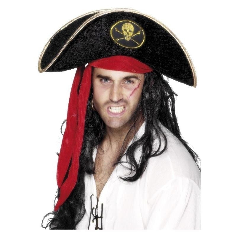 Pirate Hat Adult Black Skull and Crossbones with Attached Red Scarf 1