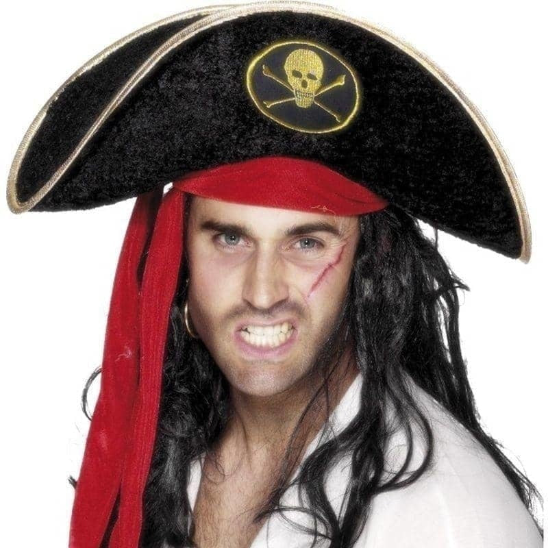Pirate Hat Adult Black Skull and Crossbones with Attached Red Scarf 2